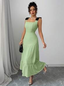 Elenzga Vestido de playa de punto bordado con lazo y bloques de color para fiesta y vacaciones - Verde Pastel - Ver 3