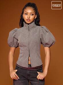 COUREZ Zip Up Puff Sleeve Top In Check /Y2K  Spring Clothes For Women Spring Going Out Outfits Going Out Tops Party Top Sexy Tops Cute Tops Festivals Outfits - Grey - View 1