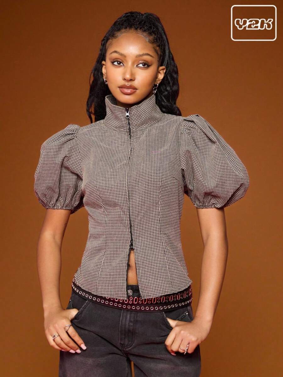 COUREZ Zip Up Puff Sleeve Top In Check /Y2K  Spring Clothes For Women Spring Going Out Outfits Going Out Tops Party Top Sexy Tops Cute Tops Festivals Outfits - Grey - View 1