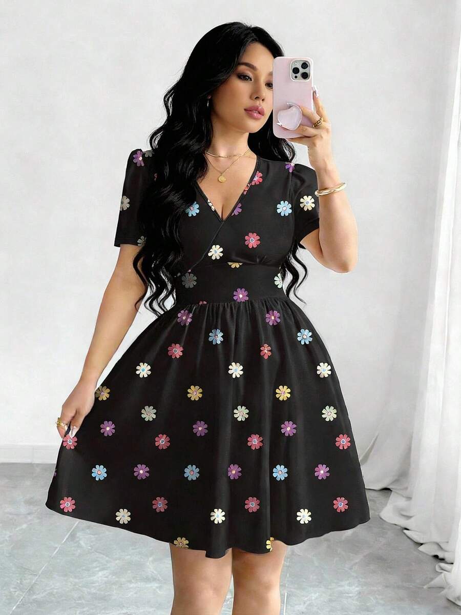 Modelyn Women's Black Leopard Digital Print V-Neck Puff Sleeve Waist Cinched Midi Dress, Summer - Multicolor - View 1