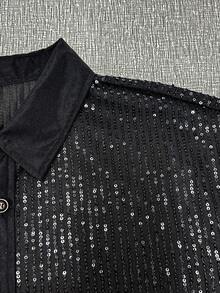 Manfinity AFTRDRK Plus Size Men's Solid Color Long Sleeve Sequin Single-Breasted Dress Shirt,Men Old Money,Daily Leisure, Weekend Trips, Outdoor Activities, Travel Expeditions, Relaxed Work Environments Or Semi-Formal Occasions, Boyfriend/Husband Gift, Anniversary /Birthday Gift Party Summer Vacation Holiday New Years Wedding,Gorgeous Party,Long-Sleeve Glitter Shirt - Black - View 3