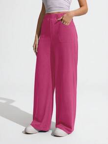 Flexra Plus Size Women Casual Elastic Waist Loose Wide Leg Jeans - Hot Pink - View 4
