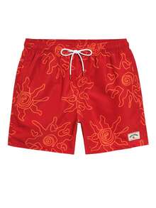 Manfinity Swimmode 男士全印花斜插口袋抽绳腰沙滩短裤 - 紅色 - 查看 3