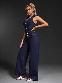 SHEIN SXY Solid Color Front Button Slant Pocket Sleeveless Denim Jumpsuit - Dark Wash - View 4