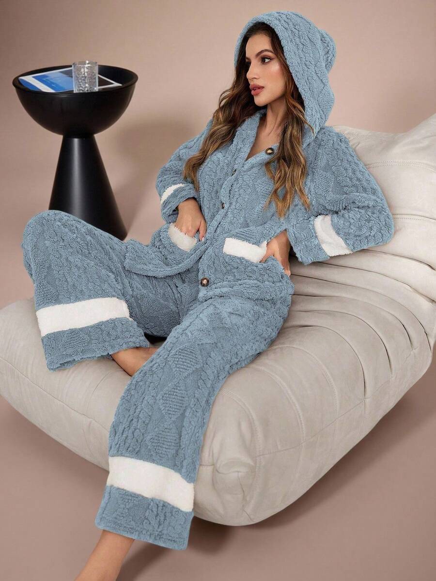 Lazeform 女士双口袋撞色毛绒提花连帽上衣和裤子家居服套装，秋冬服装，舒适套装，蓬松睡衣
