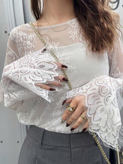 FRIFUL Women's Round Neck Mesh Sleeve Asymmetrical Lace Decor Loose Casual Top, Suitable For Summer Vacation