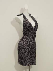 Franclia Vestido mini elegante y ajustado con cuello en V y cintura anudada con estampado de leopardo para mujer - Café integral - Ver 6
