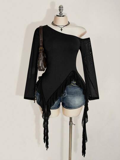 SHEIN ICON Women's Plus Size Simple Sexy Fashionable Millennial Style Y2K Urban Modern Irregular Hem Spliced ​​Mesh Ruffle Off-Shoulder Long Sleeve Black Slim Fit T-Shirt