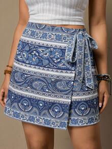 Freevana Chân váy cỡ lớn kiểu dáng thường ngày, phong cách bohemian, họa tiết hoa, retro, buộc dây bên hông. - Màu xanh lam - Xem 4
