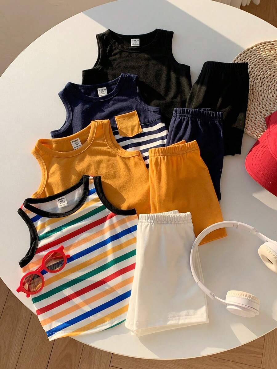 SHEIN 8件套男女宝宝纯色及撞色无袖针织背心短裤套装，春夏男宝宝服装，套装 - 彩色 - 查看 1