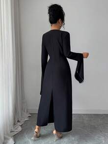 Elenzga Vestido de manga larga con perlas decorativas, nueva colección primavera/verano 2026 para mujer - Negro - Ver 2