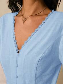 Poéselle Women's V-Neck Contrast Lace Slim Fit Casual Commuter Shirt, Spring/Autumn - Baby Blue - View 5