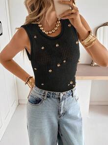 Siren Gaze 女士纽扣设计圆领无袖休闲针织上衣 - 藏蓝色 - 查看 4