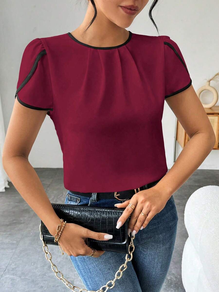 SHEIN LUNE 女士时尚休闲花瓣袖撞色圆领衬衫 - 紅色 - 查看 1