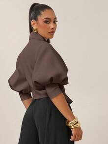 Vixey Women's Solid Color Twist Waist Design Fashionable Versatile Date Night Lantern Sleeve Top - Coffee Brown - View 2