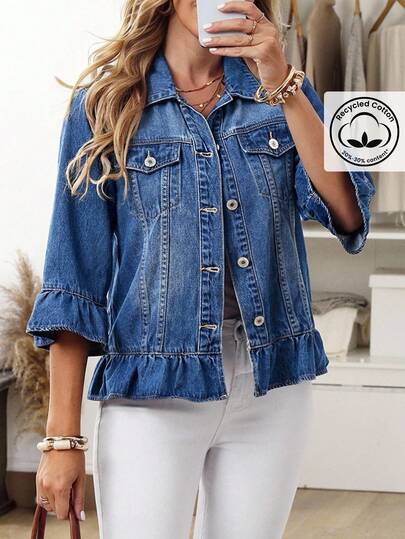 EMERY ROSE Plus Size Solid Color Front Button Ruffle Hem Casual Denim Jacket Blue Jean Jacket Women Denim Jackets For Women Jean Shirt Denim Tops Plus Size Denim Jackets