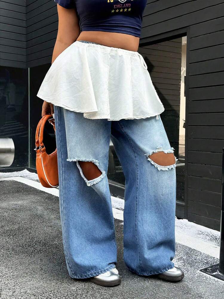 SHEIN ICON 大码女式宽松阔腿做旧美式街头风宽松牛仔裤 - 藍色 - 查看 3