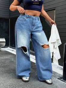 SHEIN ICON Plus Size Women's Loose Wide-Leg Distressed American Streetwear Baggy Jeans - Blue - View 6