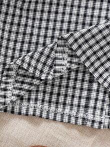 Genkimix Kids Young Girl' Cute Peter Pan Collar Black & White Plaid Lantern Sleeve Shirt - Black - View 6