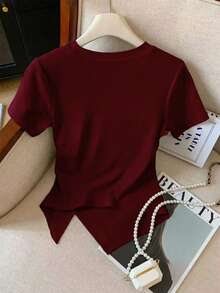 Everyssa 女士休闲日常通勤纯色短袖不对称下摆褶皱修身T恤，夏季 - 紅色 - 查看 2