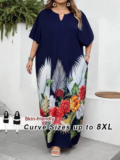 SHEIN CURVE+ Spring And Summer Autumn And Winter Elegant Navy Blue Woven Notched Kaftan Dress Plus Size Dresses