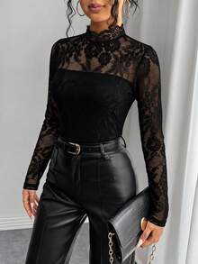 Rafferiza Women's Elegant Lace Sheer Sexy Long Sleeve Fitted T-Shirt - Black - View 6