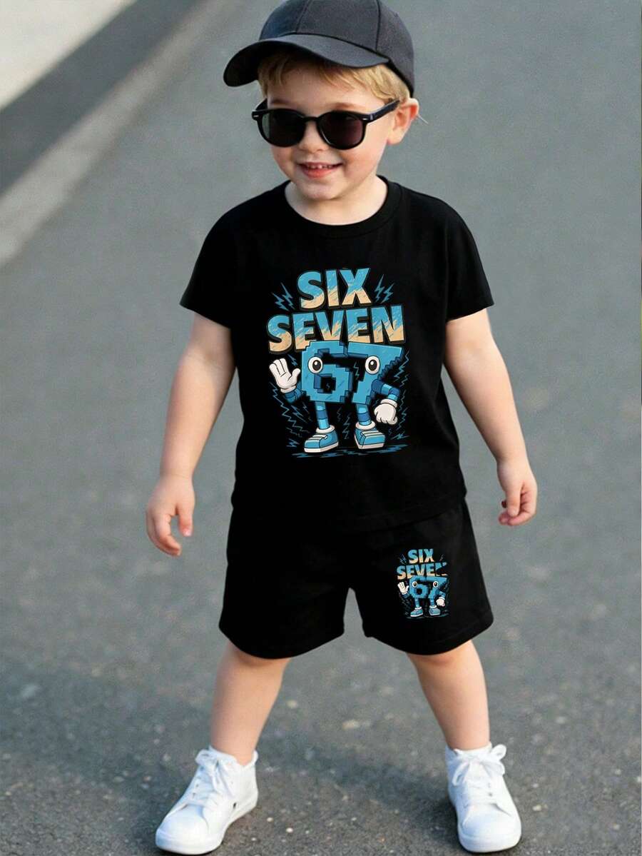 SHEIN 2件套男童休闲创意个性清新简约可爱数字67卡通闪电图案字母标语印花短袖T恤和短裤套装，舒适温暖的夏季款式，适合春夏季节，百搭套装 - 黑色 - 查看 1