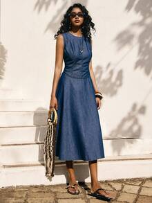 Poéselle 女士休闲无袖露背牛仔连衣裙 - 藍色 - 查看 4