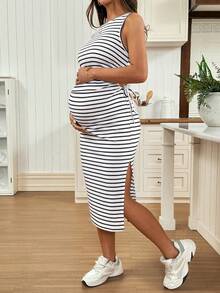 SHEIN 孕妇条纹圆领侧系腰带休闲无袖连衣裙 - 黑與白 - 查看 6