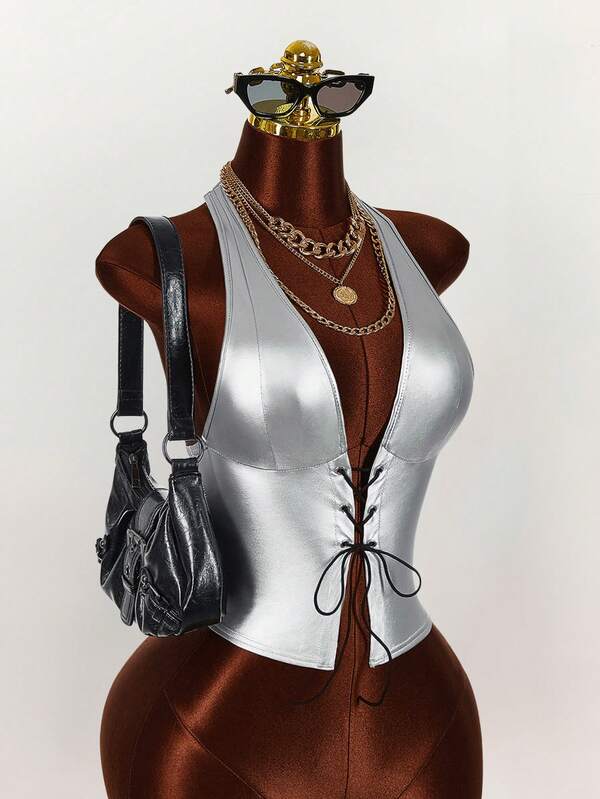 Amplova Metal Eyelet Decor Criss-Cross Strap Metallic Coated Women Halter Top