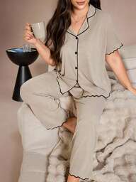 Lazeform Plus Size Casual Loose Flounced Short Sleeve Top And Pants Set, Soft Draping Lightweight Khaki Knit Fabric, Summer, Outfits