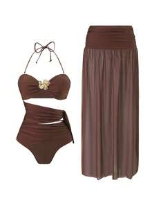 Swim Chiccia Spring/Summer Solid Color Wireless Strapless Tie Metallic Flower Decor Women Beach Vacation Casual Swimsuit One-Piece & Long Mesh Skirt Two Pieces High-End Set - Coffee Brown - View 8