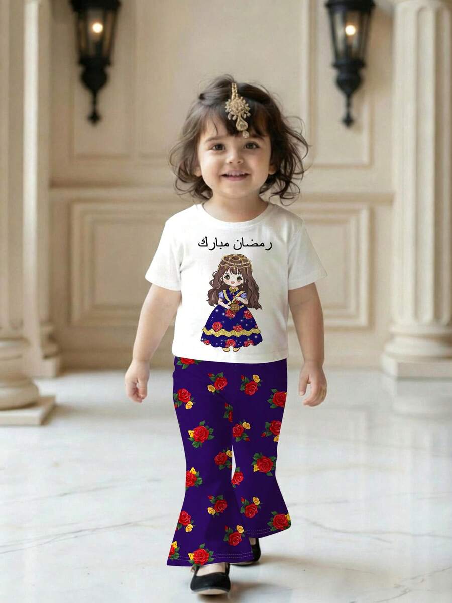 SHEIN Conjunto de pantalones de manga corta con cuello redondo y estampado de dibujos animados, informal para bebé niña, adecuado para primavera/verano - Multicolor - Ver 1
