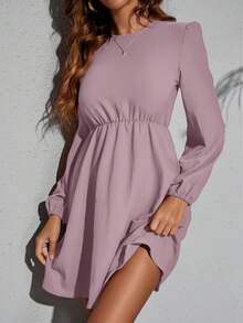 SHEIN Clasi 纯色圆领收腰休闲长袖连衣裙，适合音乐节和休闲场合。 - 藕粉色 - 查看 5