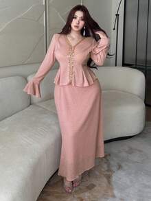 Dazy Plus 2pcs/Set V-Neck Rhinestone Trim Flare Sleeve Fitted Top & Stretchy Elegant Long Skirt Set, Pink - Baby Pink - View 5
