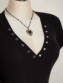 SHEIN ICON Áo thun nữ cỡ lớn màu đen cổ chữ V tay ngắn có gân - màu đen - Xem 7