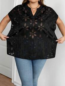 SHEIN CURVE+ 大码纯色V领插肩袖宽松薄纱上衣 - 黑色 - 查看 6