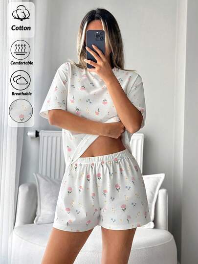 EURMUSE Women Cottonline Round Neck With Colourful Floral Pattern Short Sleeved Shirt& Shorts Homewear Comfort Pajama Set Women Short Sets Summer Cute Lounge Set Lounge Sets For Women Short Sets 2 Piece Short Sets Woman Lounge Wear Sets Summer