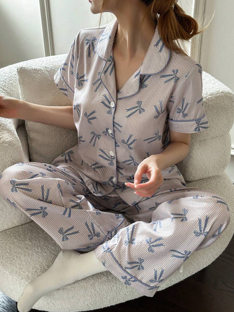 Dream Adore Set Piyama Lengan Pendek Berkerah Motif Garis-garis Manis dan Lucu untuk Wanita - Biru - View 1