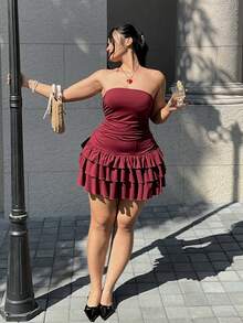 GalTyme 大码女式纯色修身荷叶边下摆无袖连衣裙，春夏款 - 紅色 - 查看 7