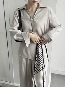 Livesso Spring/Summer Loose Business Casual Vacation Style Fashion Office Wear Street Long Sleeve Shirt & Straight Leg Casual Pants Set, Elegant Women 2-Piece Commuter Outfit Lounge Sets For Women