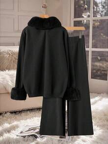Linhara 大码休闲纯色蓬蓬领开衫和长裤套装，秋冬 - 黑色 - 查看 2