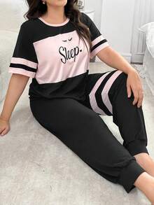 Lazeform 撞色块字母印花加大码女式睡衣套装，含圆领 T 恤和裤子，套装