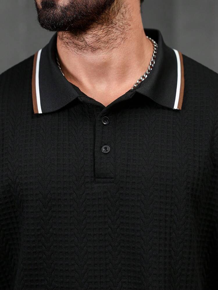 ARLO REED Men's Black Textured Short Sleeve Polo Shirt - Black - View 3
