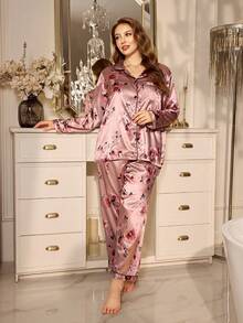 MuseNap CURVE Bộ đồ ngủ dài tay cỡ lớn dành cho nữ, chất liệu satin in hoa. - Màu Cam san hô - Xem 4