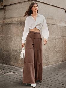SHEIN SXY Pantalones vaqueros de pierna ancha con bolsillos, dobladillo deshilachado, de ajuste holgado y versátil para uso casual y de oficina para mujeres - Café integral - Ver 13