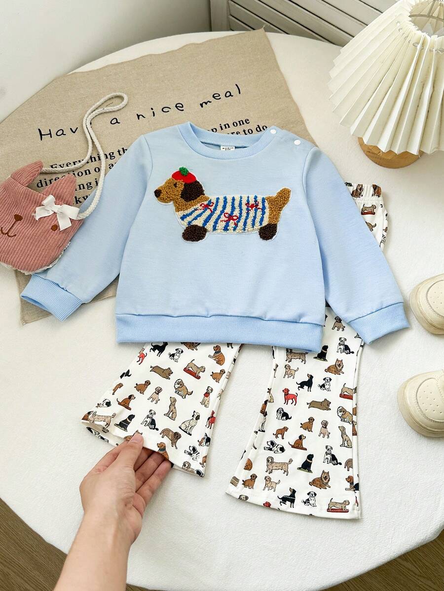 SHEIN Playful Pals Bộ 2 món thời trang cho bé gái sơ sinh, chất liệu vải dệt kim mềm mại, thoải mái, gồm áo nỉ cổ tròn, mũ beret thêu 3D và quần ống rộng tay dài kẻ sọc. - Nhiều màu - Xem 1