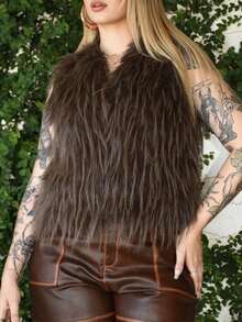 Arliah Giacca casual elegante e versatile in stile vintage con collo in pelliccia sintetica marrone, senza maniche, con chiusura a gancio, gilet in pelliccia sintetica marrone, cappotto in pelliccia sintetica marrone oversize casual e caldo per l'autunno e l'inverno, abbigliamento autunnale, abiti di Ognissanti, accessori autunnali e invernali, stile old money, Ognissanti - Castano - Visualizzare 6