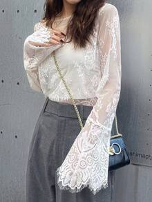 FRIFUL Women's Round Neck Mesh Sleeve Asymmetrical Lace Decor Loose Casual Top, Suitable For Summer Vacation - White - View 2