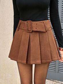 INAWLY Women's Versatile Solid Color Belted Pleated Skirt, Suitable For Commuting - Brown - View 4